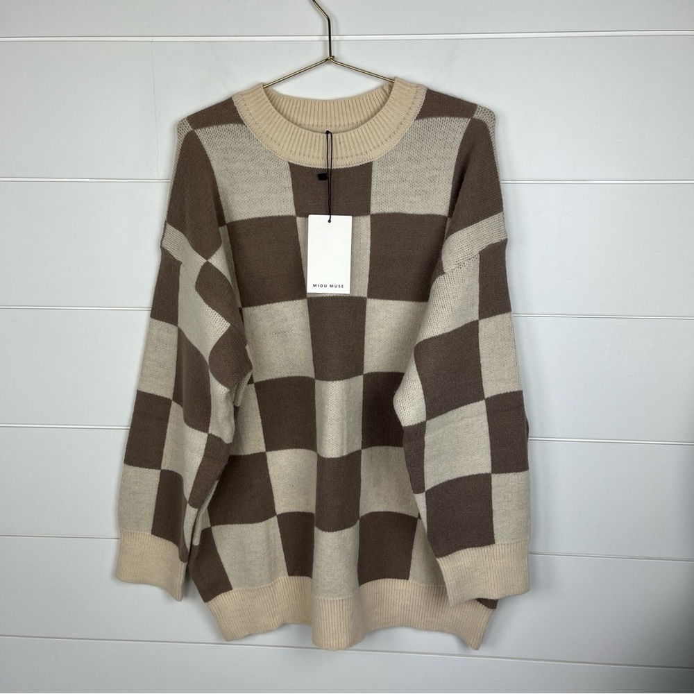 Miou Muse Brown and Cream Oversized Checkerboard Sweater NWT